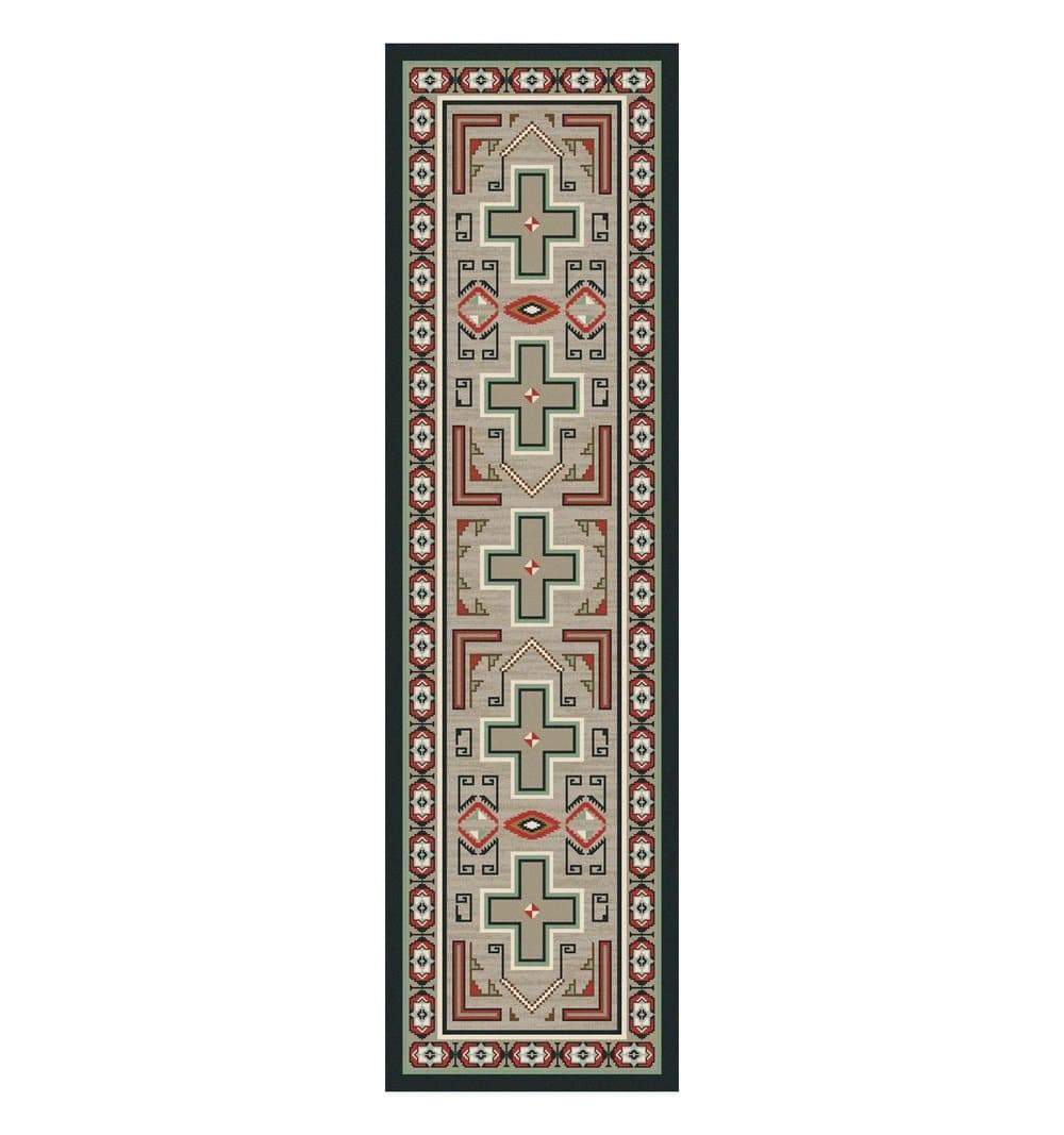 Red, tan, black, orange, beige western runner rug. Made in the USA. Your Western Decor, LLC