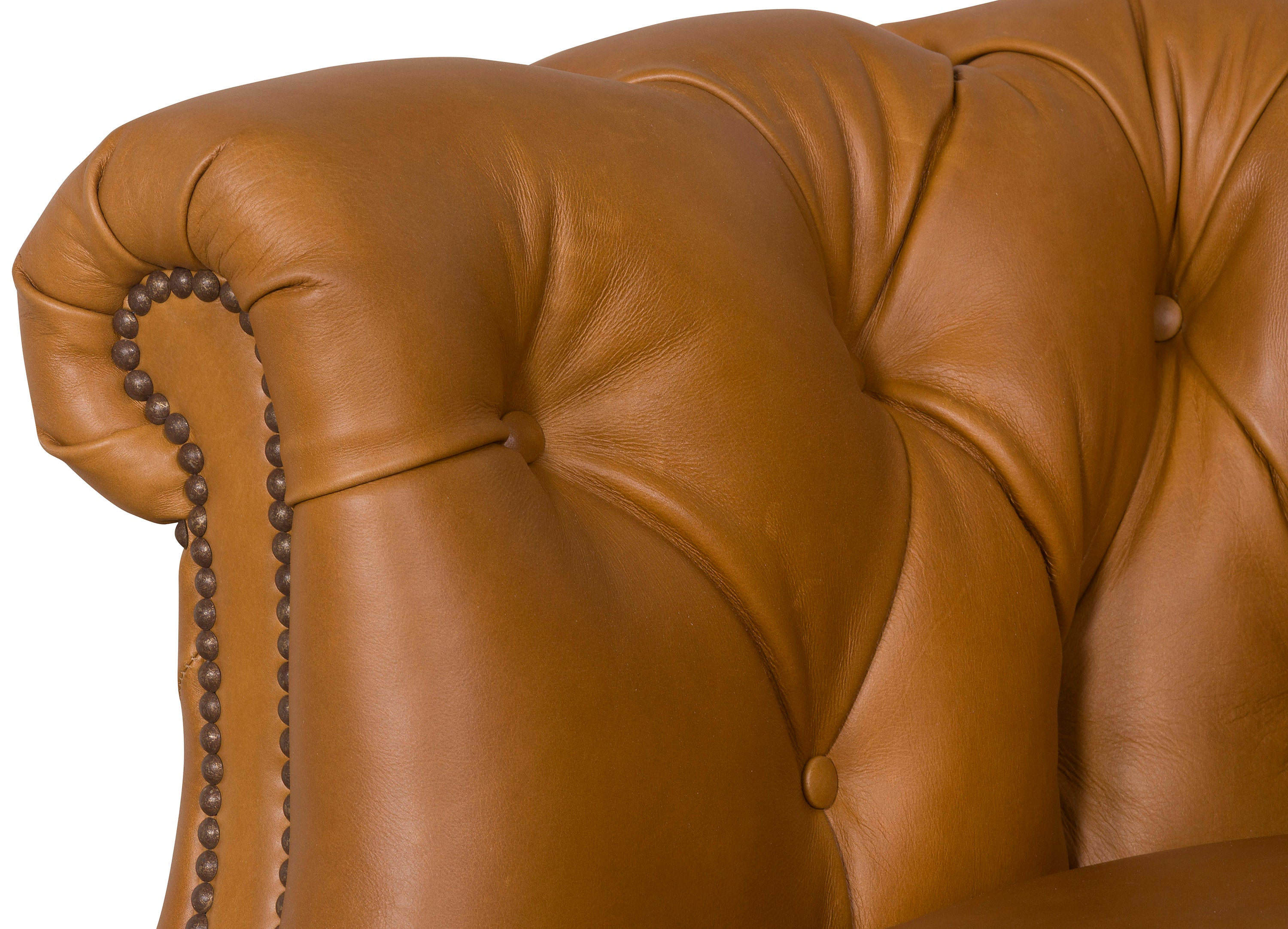 Close-up of a brown leather armchair with tufted backrest and chain detail - Blue Mountain Brands USA