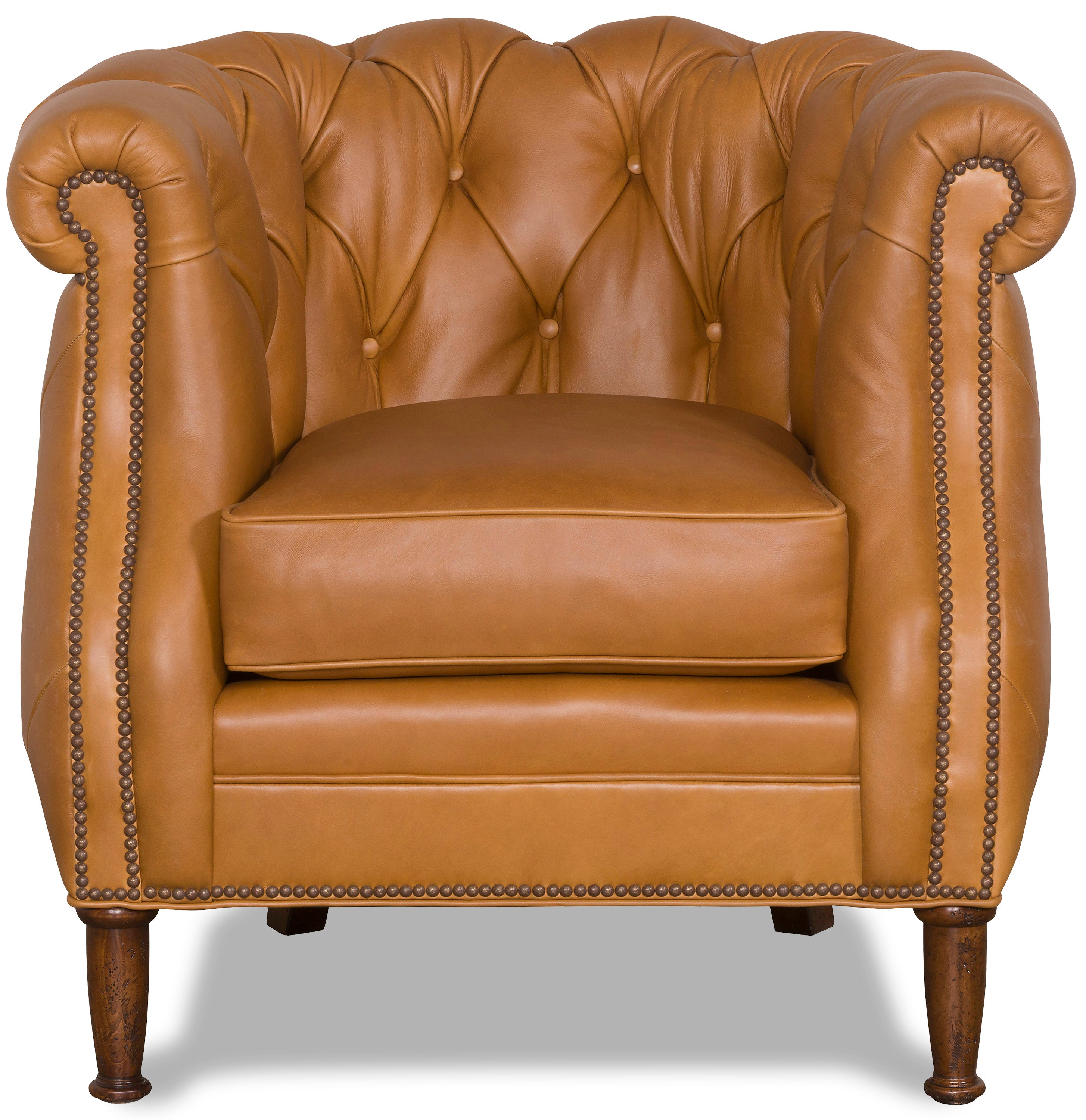 Brown leather armchair with tufted backrest and nailhead trim made in the USA - Blue Mountain Brands USA
