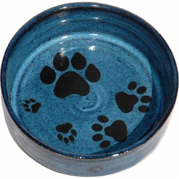 Turquoise ceramic pet bowl with black paw prints - Your Western Decor