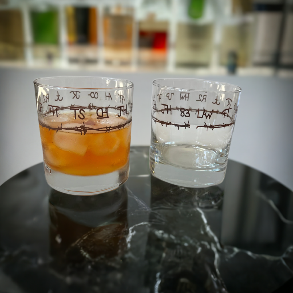 Blue Mountain Brands Rock Glasses with barbed wire and brands made in the USA