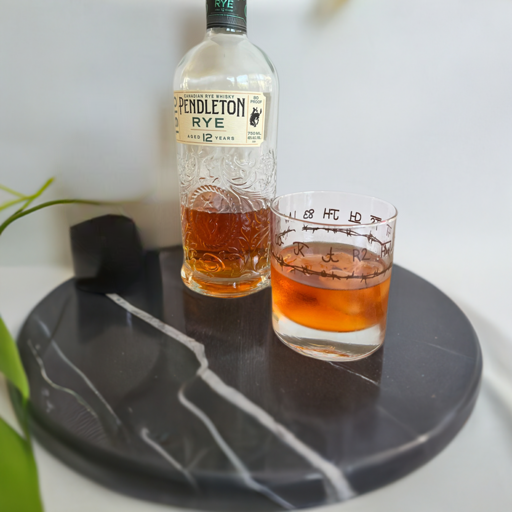 Blue Mountain Brands whiskey glass with brands and barbed wire by Blue Mountain Brands USA