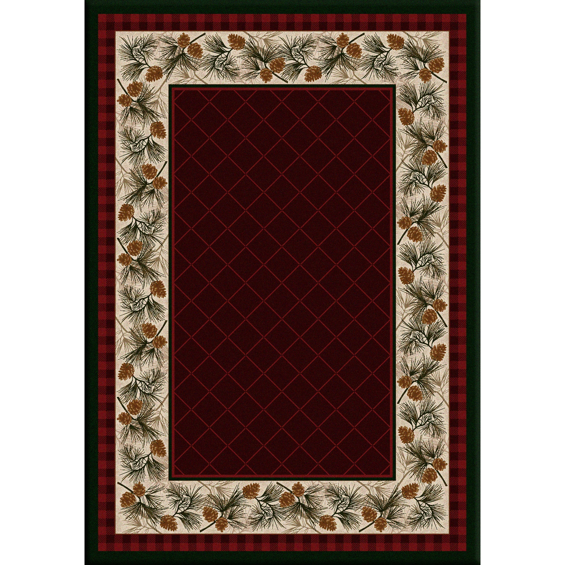 Decorative rug with a red center and decorative border featuring pinecones and branches.