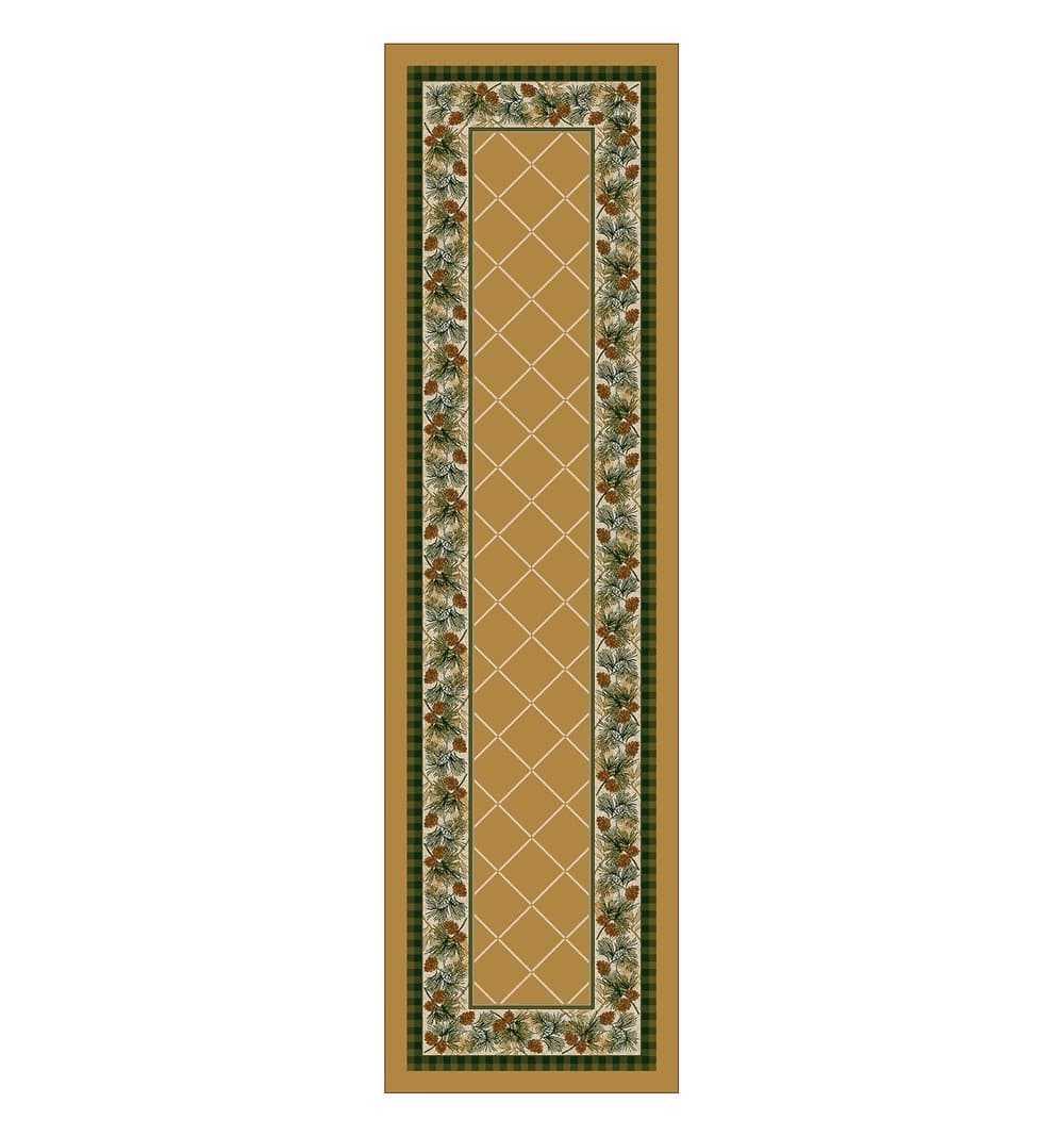 A rectangular Evergreen Pine Floor Runner with a geometric pattern featuring pine cones