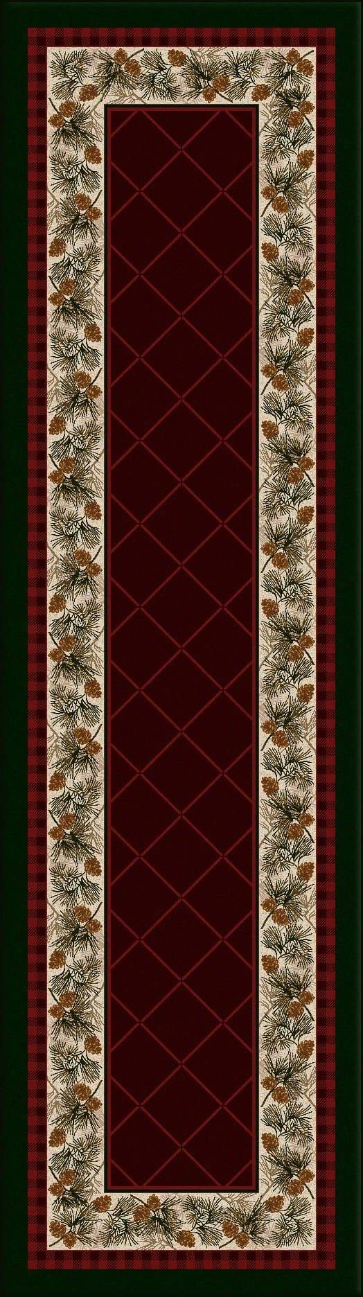 A rectangular Evergreen Pine rug with a geometric pattern featuring pine cones