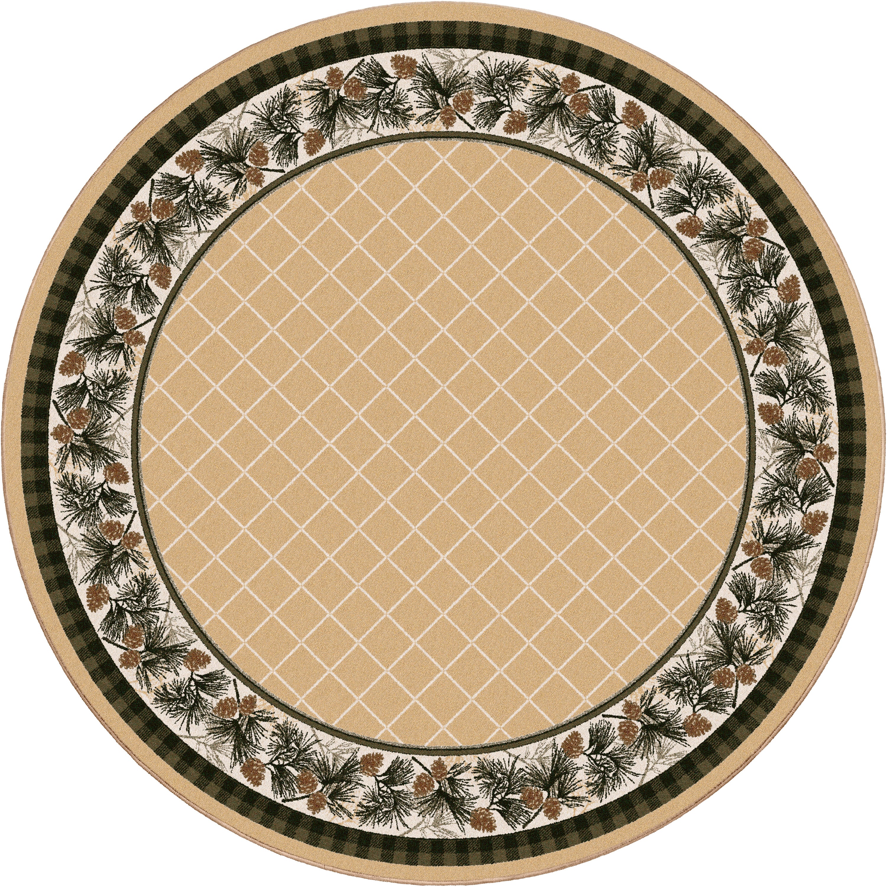 Round rug with a geometric pattern and decorative pine cone border