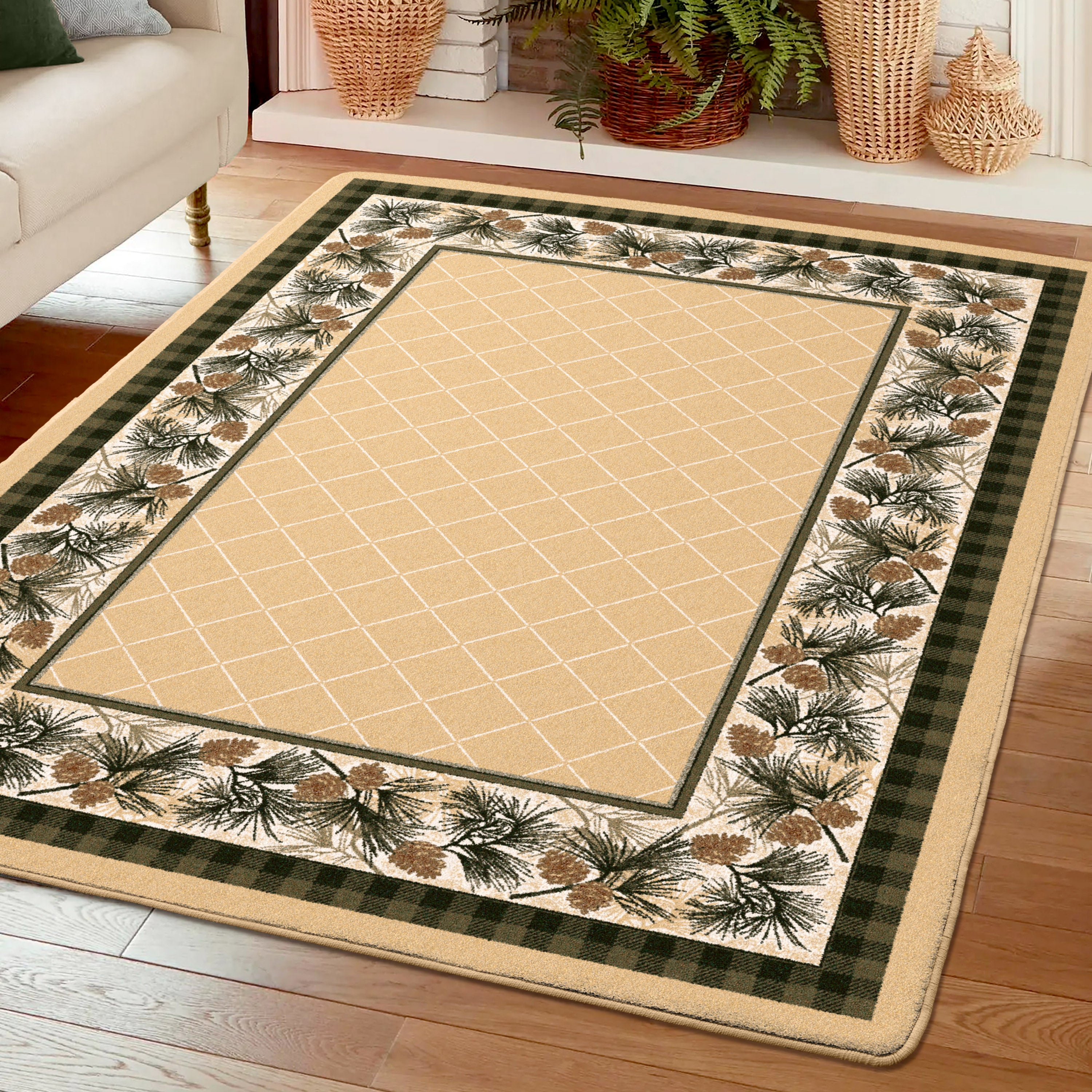 Decorative rug with a grid pattern and pine cone border on a wooden floor.