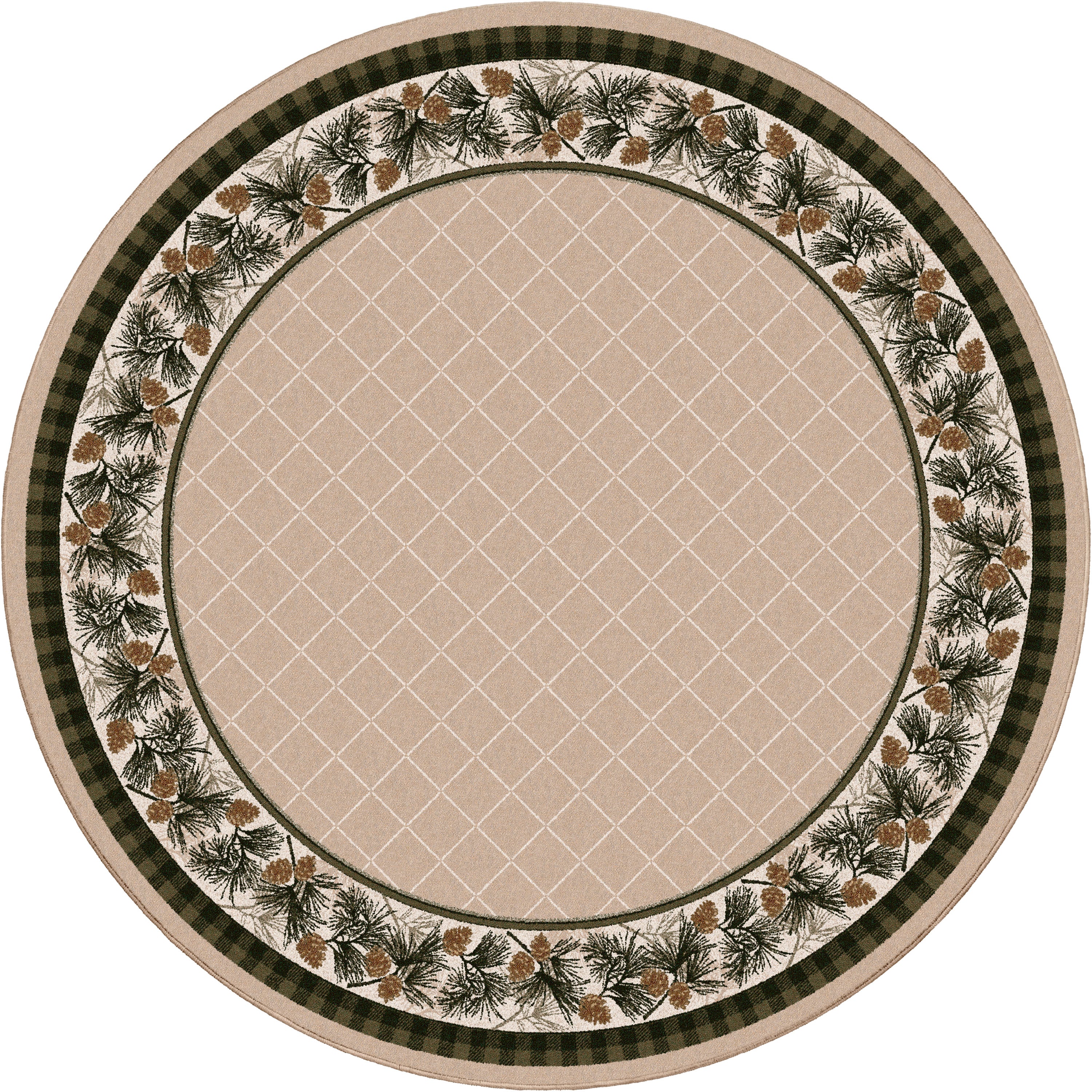 Round rug with a geometric pattern and decorative pine cone border on a white background