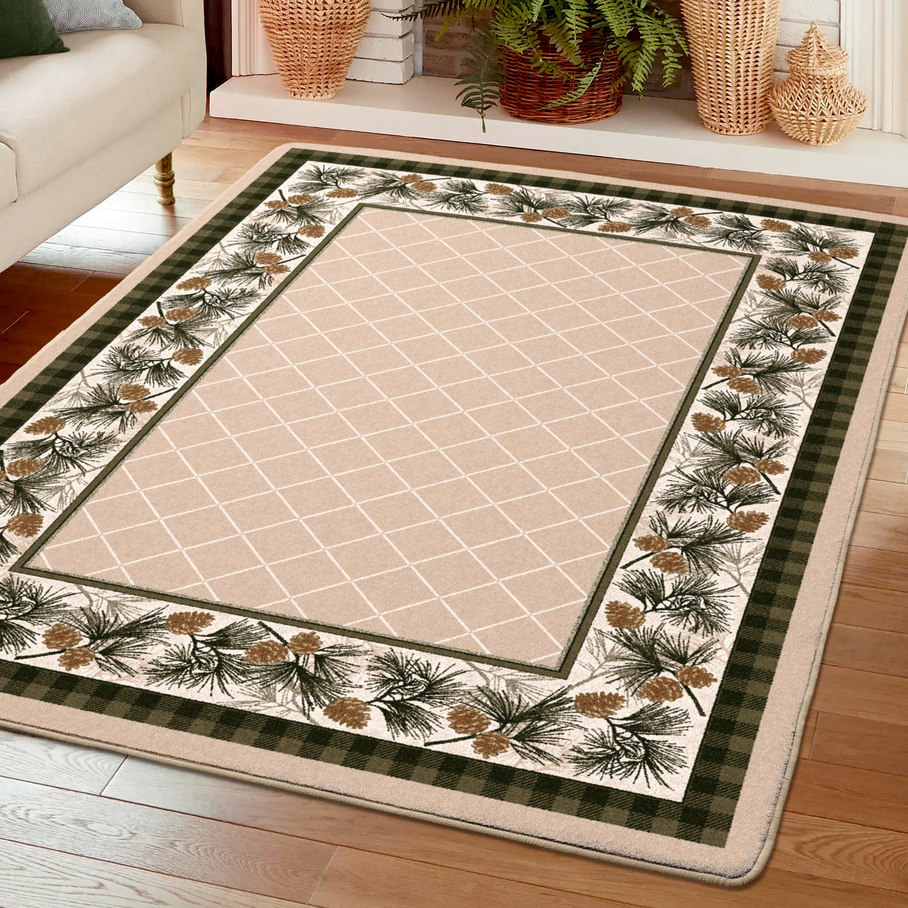Decorative rug with a grid pattern and pine cone border on a wooden floor.