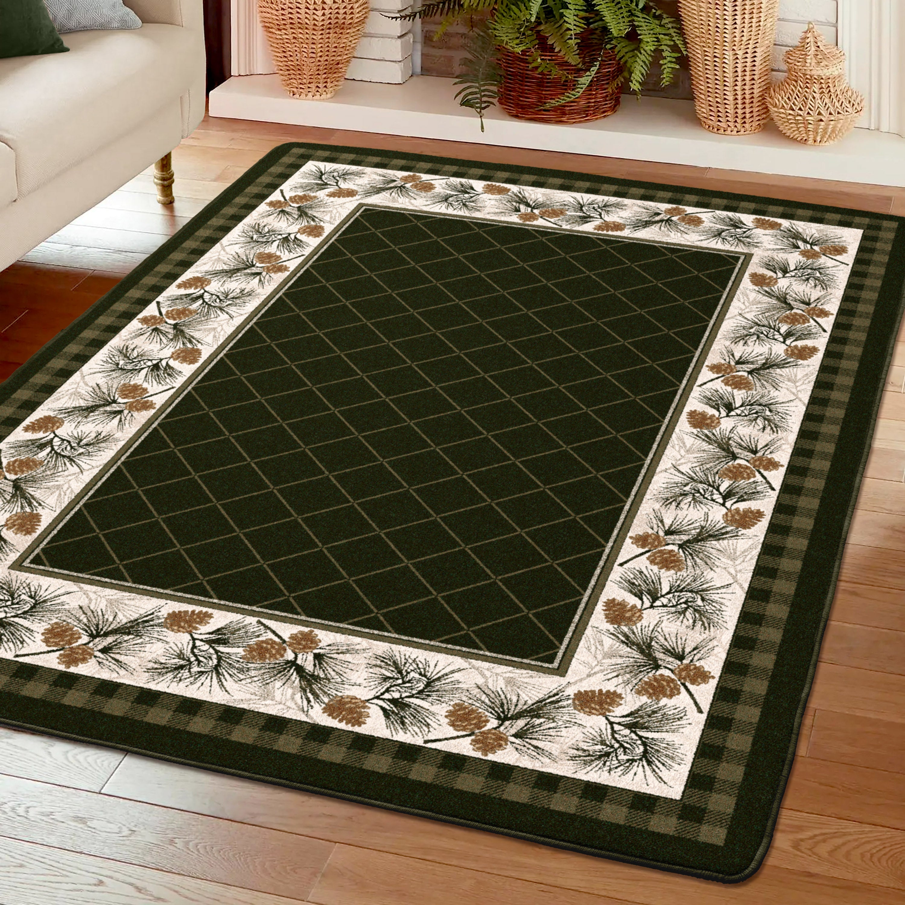 Decorative rug with a grid pattern and pine cone border on a wooden floor.