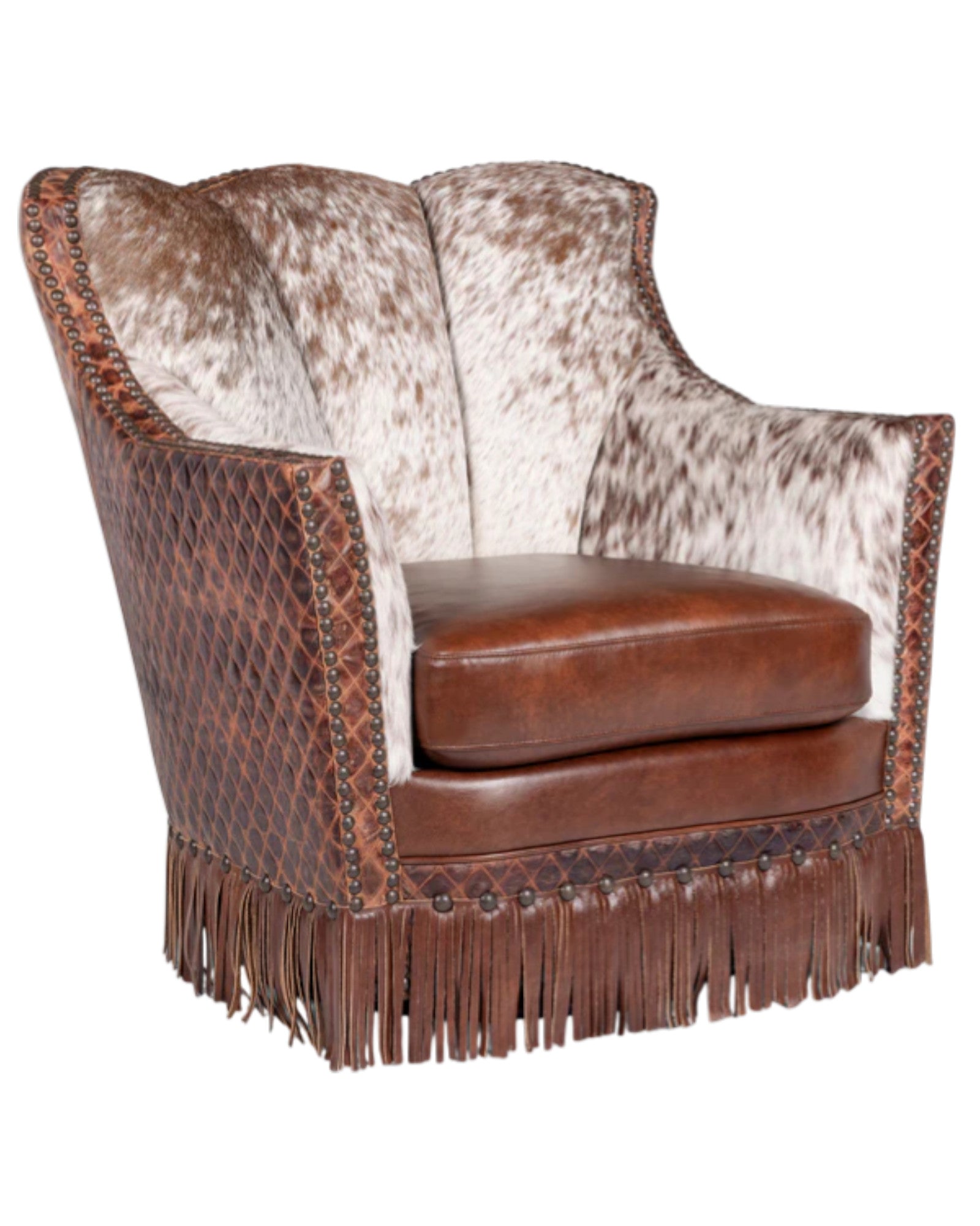 Brown peppered cowhide swivel chair with leather, fringe and nail trim