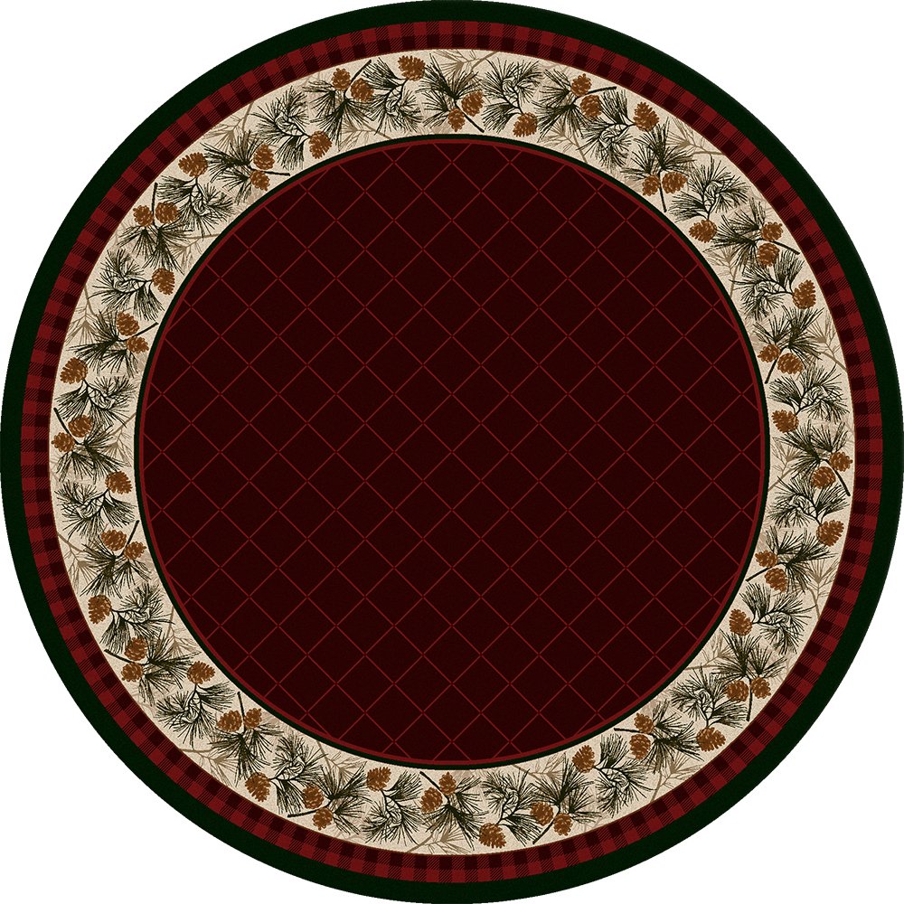 Round Evergreen Rug in Garnet with pinecone border