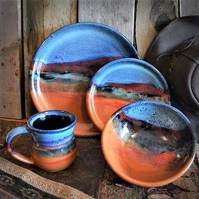Handmade glazed pottery dinnerware. Blue, terra cotta - Blue Mountain Brands USA