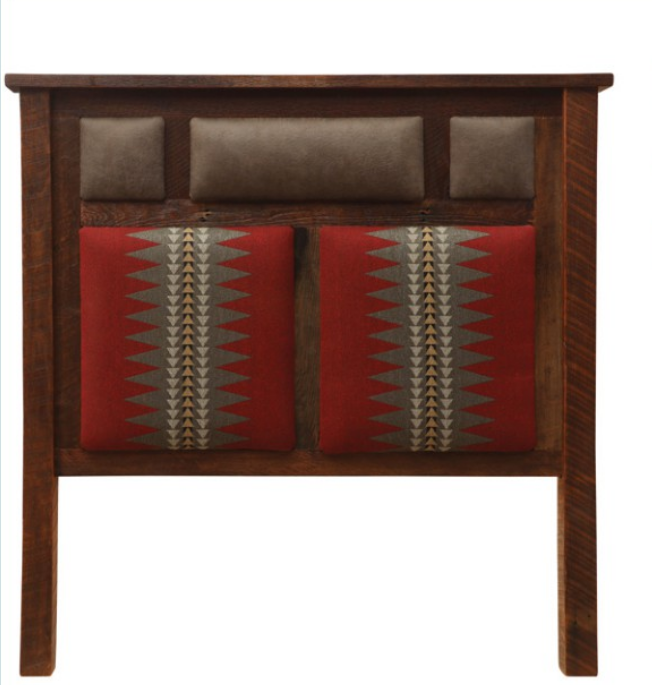Custom barnwood headboard upholstered in leather and Broken Arrows fabric - Blue Mountain Brands USA