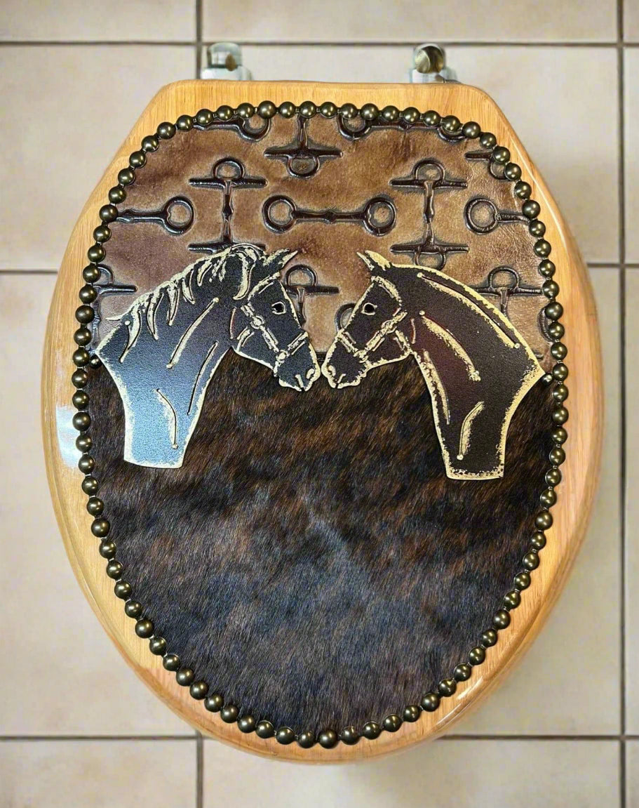 Horses & Cowhide Toilet Seat made in the USA - Your Western Decor