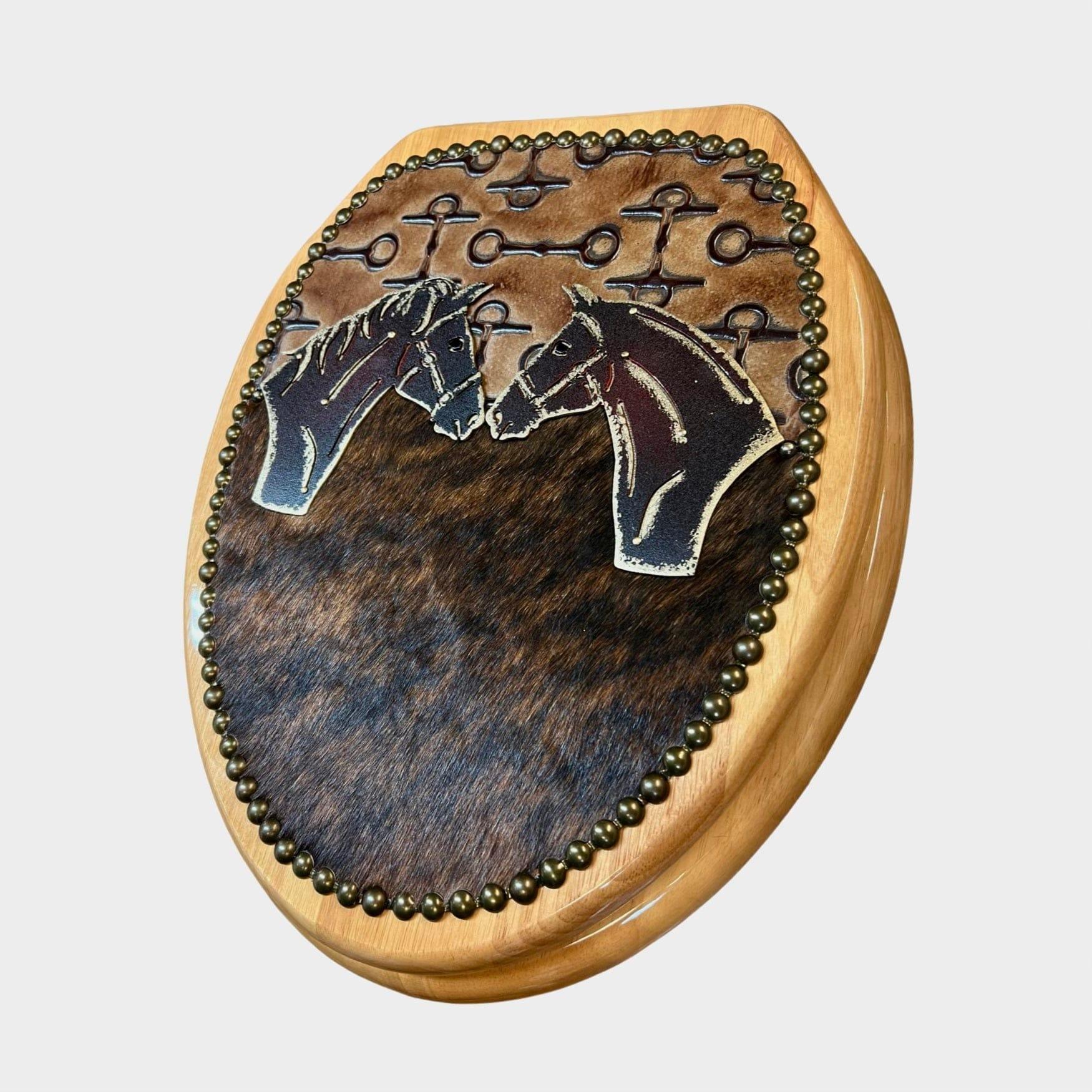 Horses, Bits  & Brindle Cowhide Toilet Seat made in the USA - Your Western Decor