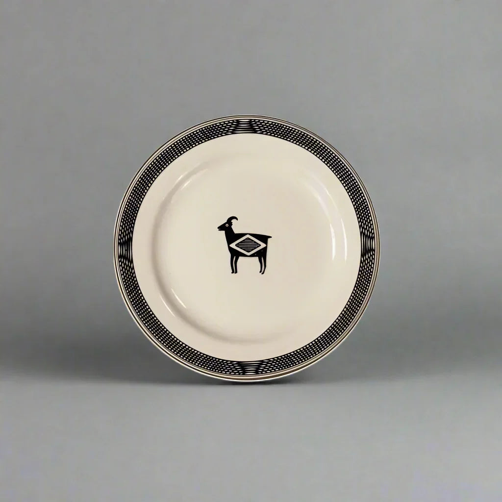 Mimbreño salad plate black and white with Aztec goat art made in the USA - Blue Mountain Brands USA