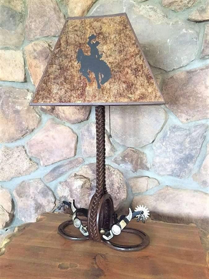 Braided iron western lamp with spurs at base - Mica lamp shade with bucking bronc - Custom made in the USA -
