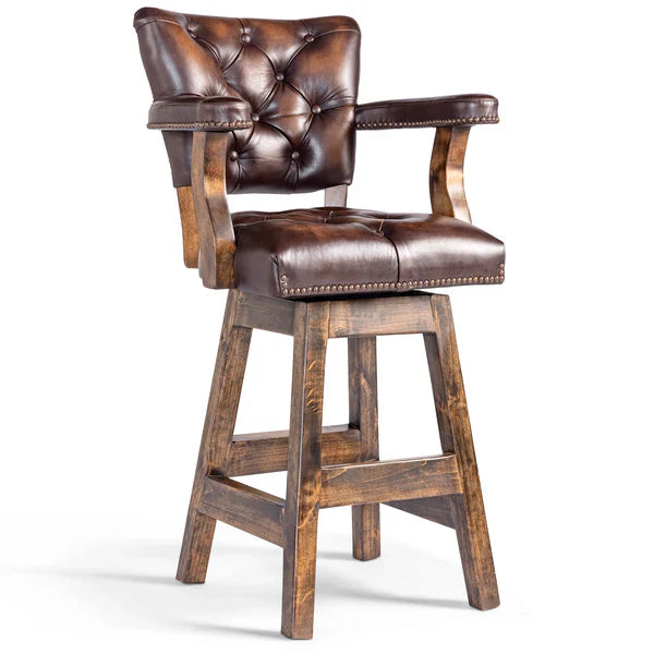 Burnished brown tufted leather bar chair with wood frame, nail trim, back, arms, and swivel, American made - Blue Mountain Brands USA