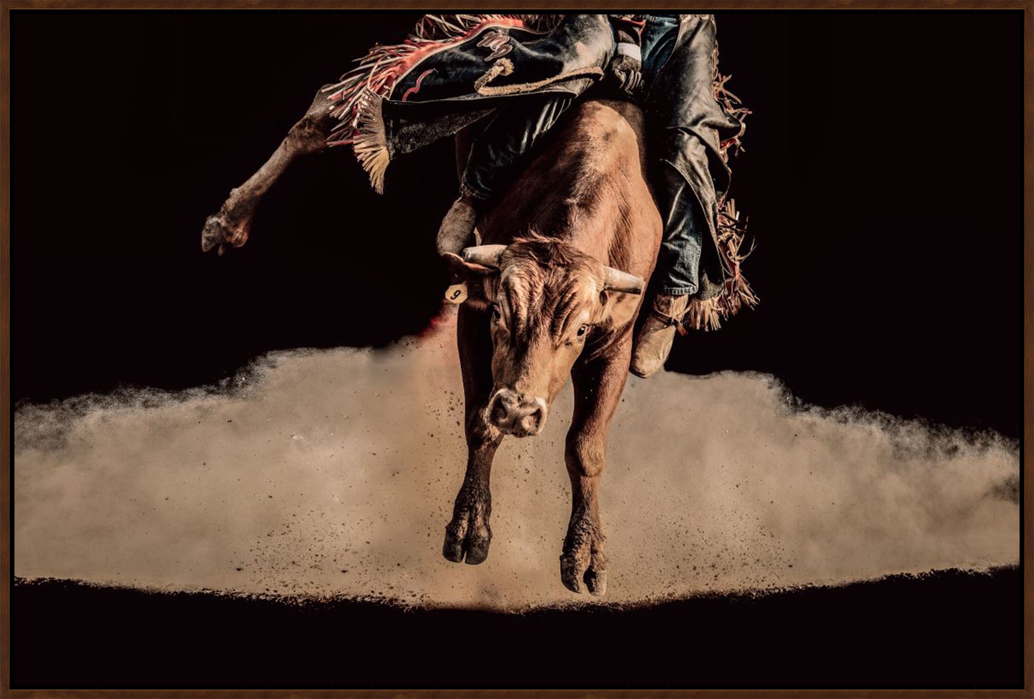 Rodeo rider on a bucking bull with a dark background art - Blue Mountain Brands USA