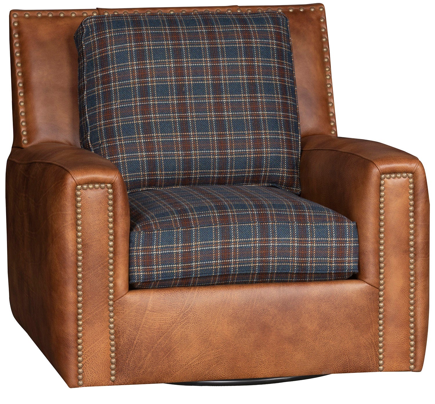 Plaid and burnished leather swivel chair with nail trim