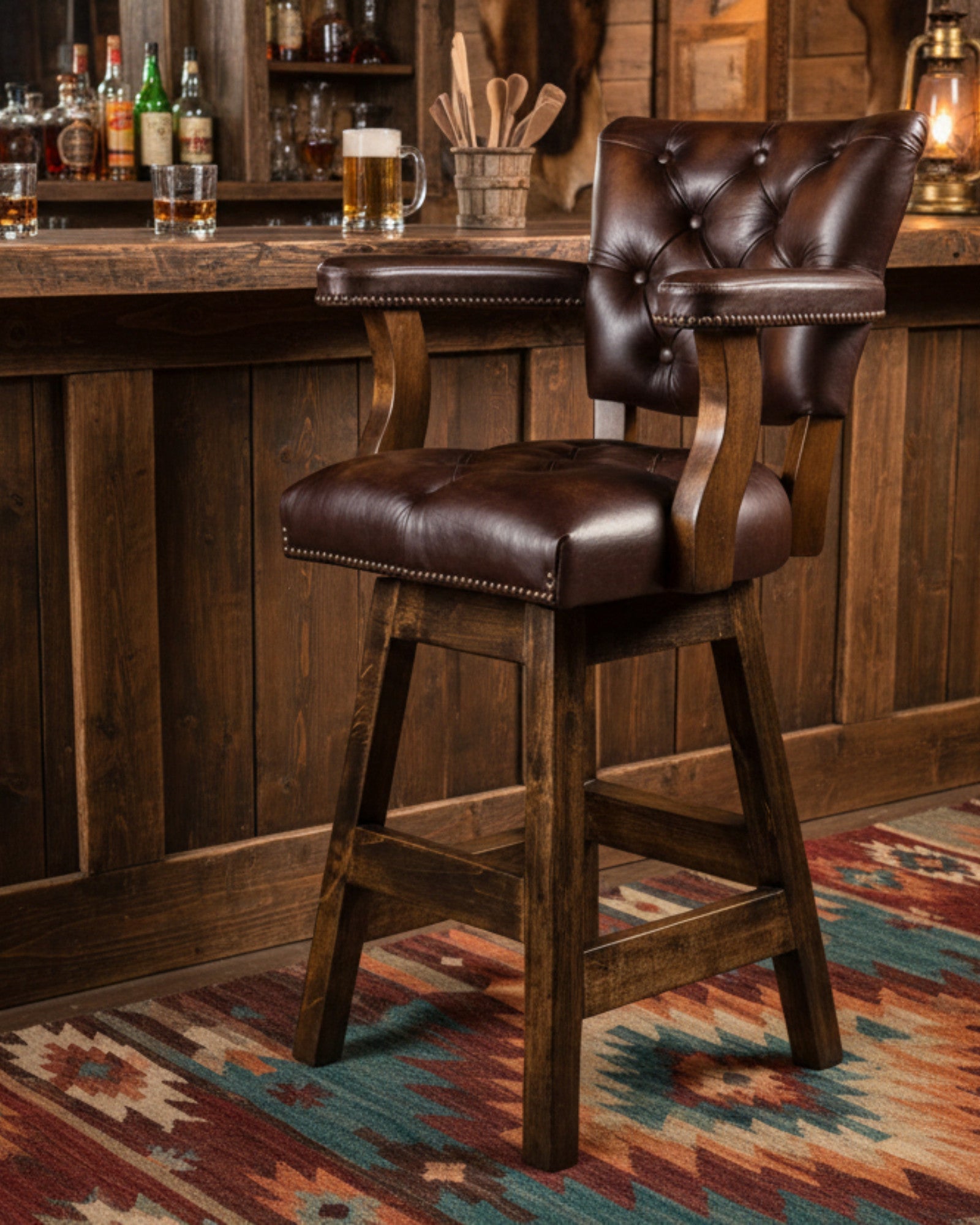 Burnished brown leather tufted leather swivel bar stool with back and arms - American made - Blue Mountain Brands USA