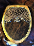 Brindle cowhide & croc embossed leather western toilet seat - Blue Mountain Brands Home Decor