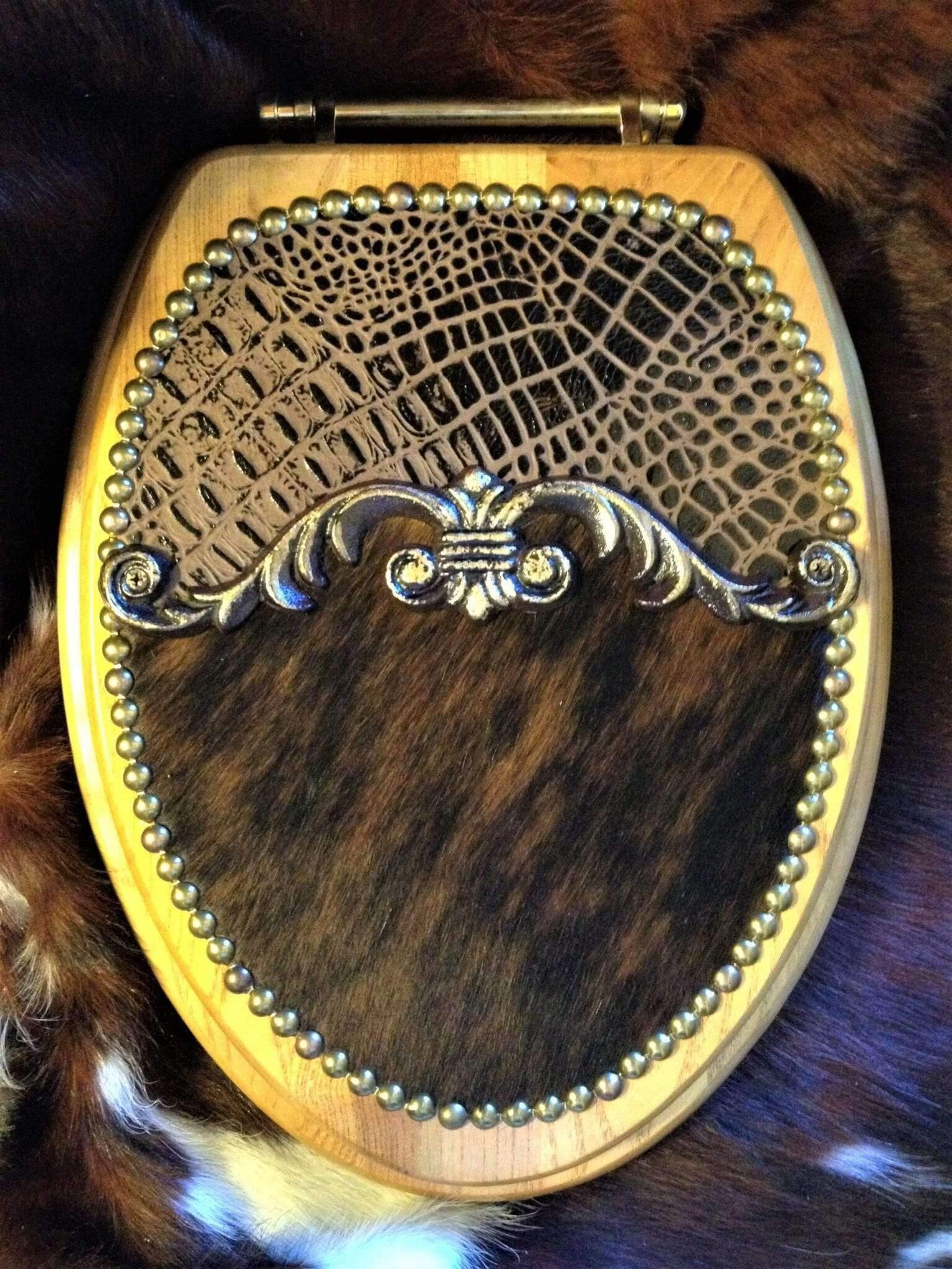 Brindle cowhide & croc embossed leather western toilet seat - Blue Mountain Brands Home Decor
