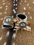 Custom Dyed Cowhide Napkin Rings with metal Pendleton Let 'er Buck conchos - Handmade in Oregon by Blue Mountain Brands USA