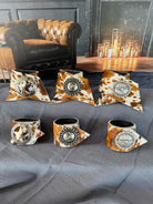 Custom Dyed Cowhide Napkin Rings with Western Conchos - Handmade in Oregon by Blue Mountain Brands USA