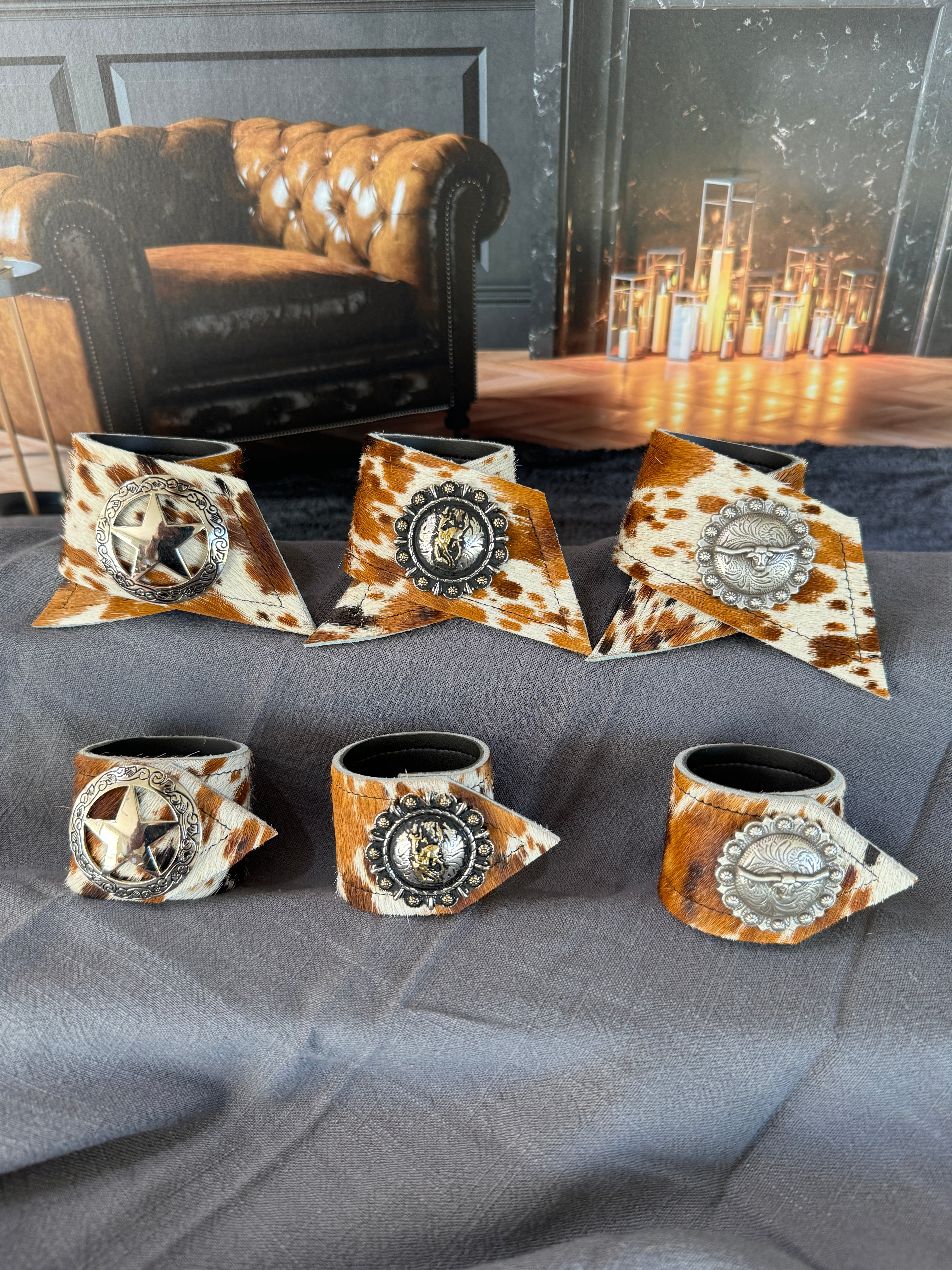 Custom Dyed Cowhide Napkin Rings with Western Conchos - Handmade in Oregon by Blue Mountain Brands USA