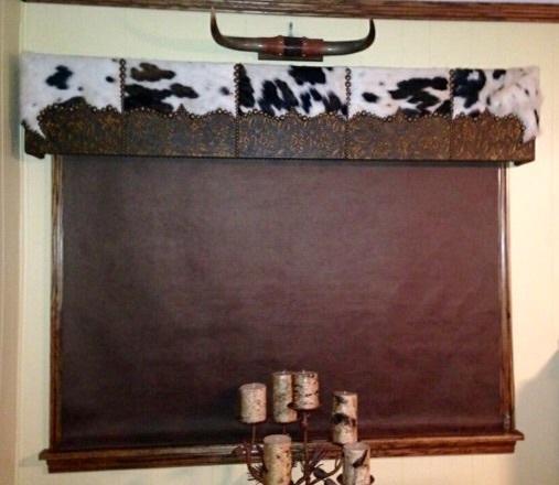 American made Custom Western Window Cornices with black and white cowhide and embossed brown leather - Blue Mountain Brands USA