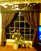 American made Custom Western Window Cornices in distressed leather, tri color cowhide and leather finge - Blue Mountain Brands USA