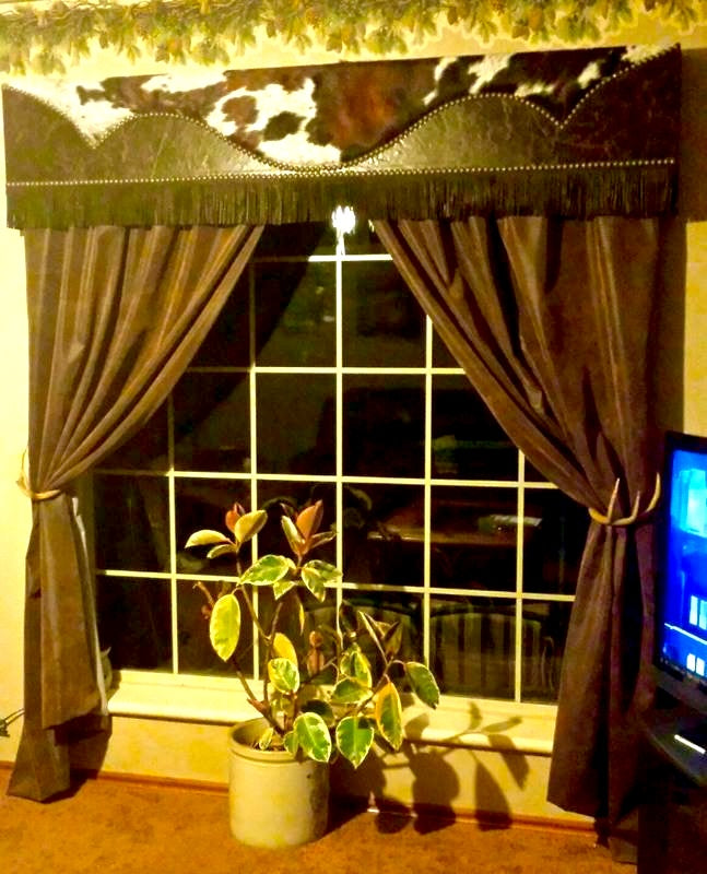 American made Custom Western Window Cornices in distressed leather, tri color cowhide and leather finge - Blue Mountain Brands USA
