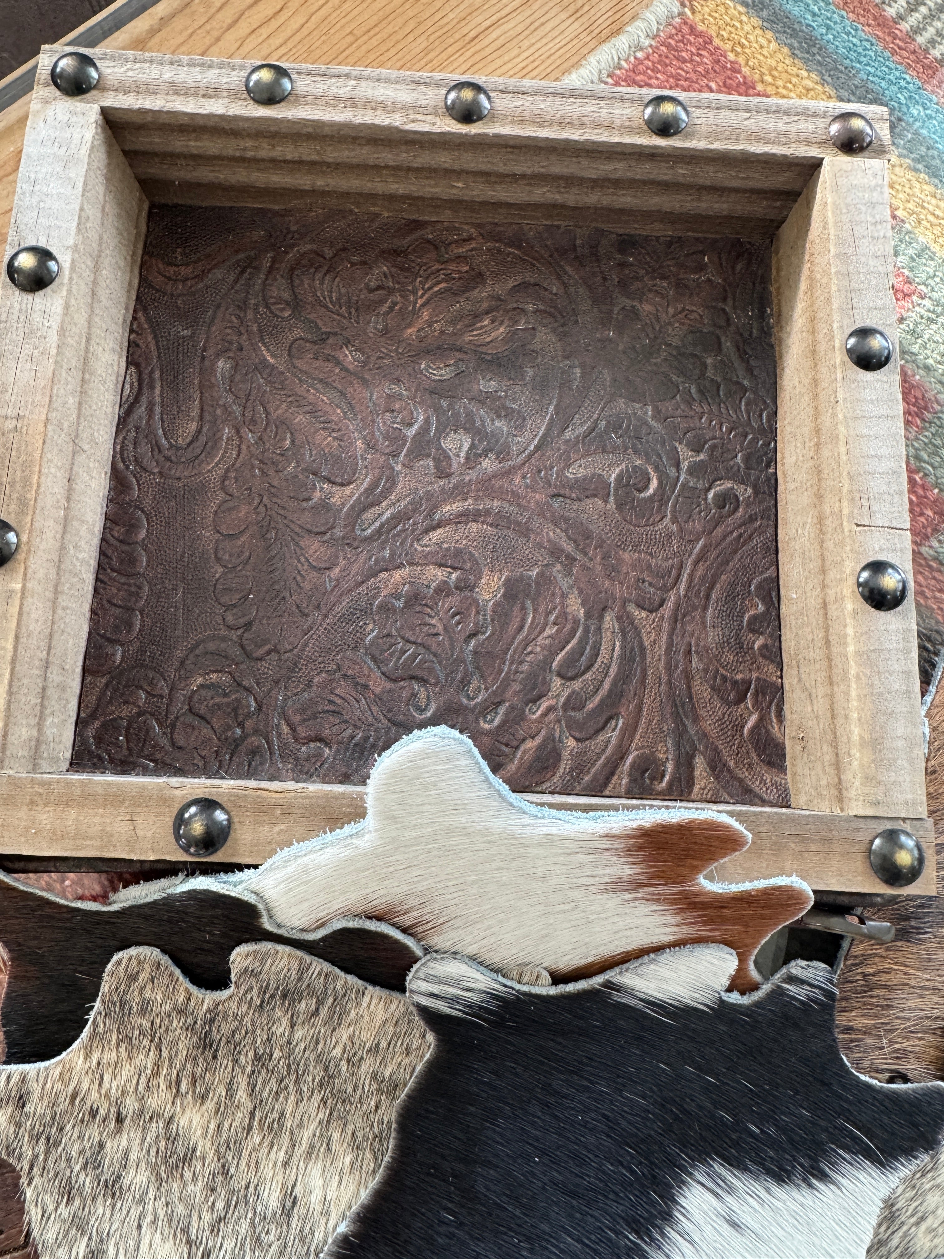 Wood leather lined display box for cowhide coasters - Your Western Decor