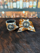 Custom Dyed Cowhide Napkin Rings with metal Pendleton Let 'er Buck conchos - Handmade in Oregon by Blue Mountain Brands USA