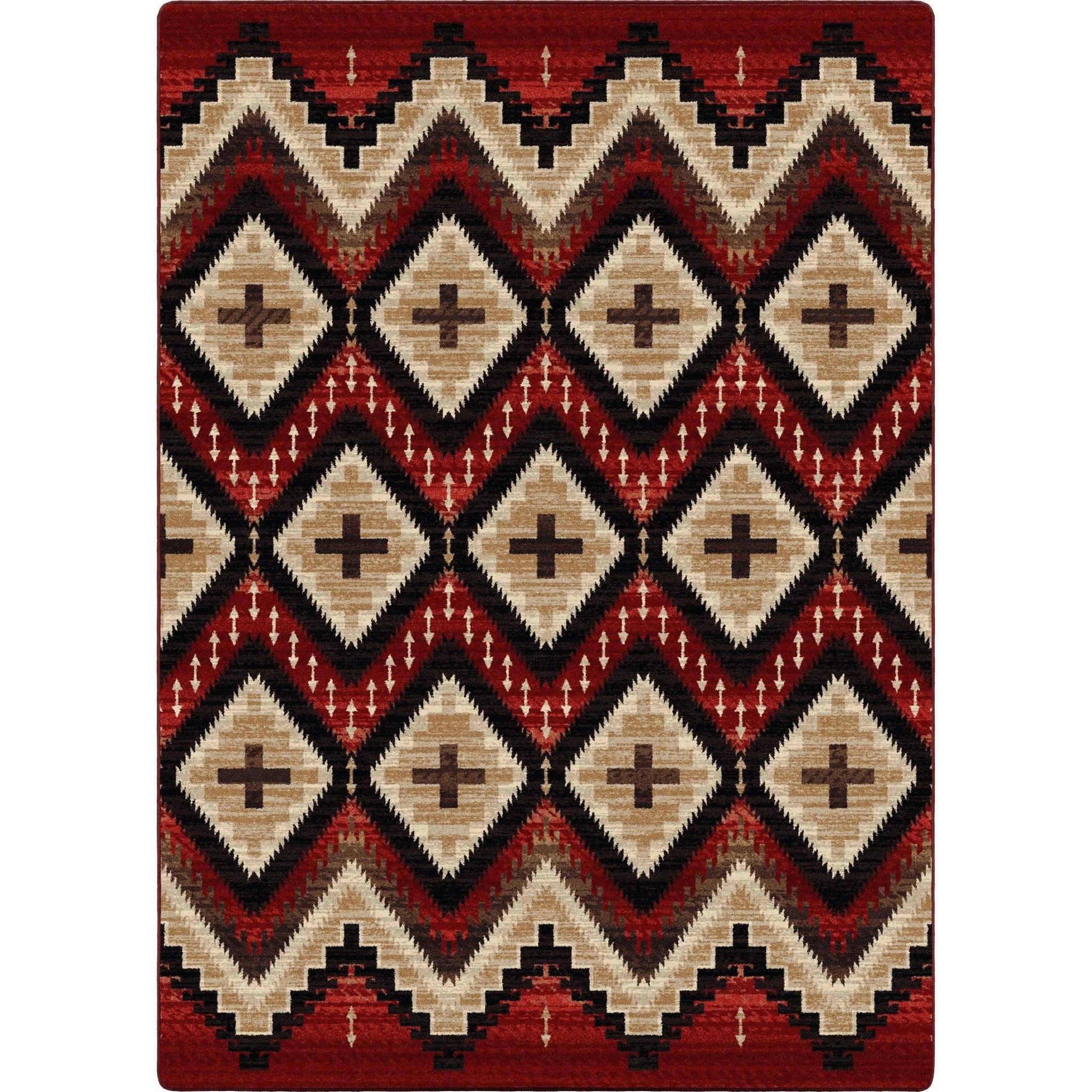 American made Fire Seeker area rug in red, black, beige, tan - Blue Mountain Brands USA Home Decor