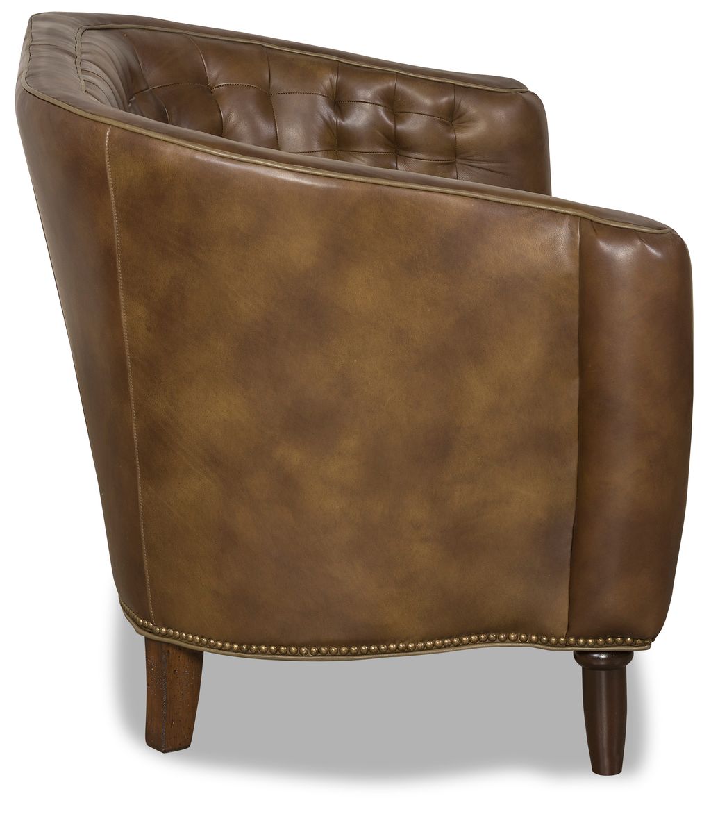 American made Halligan leather tufted loveseat side - Blue Mountain Brands USA