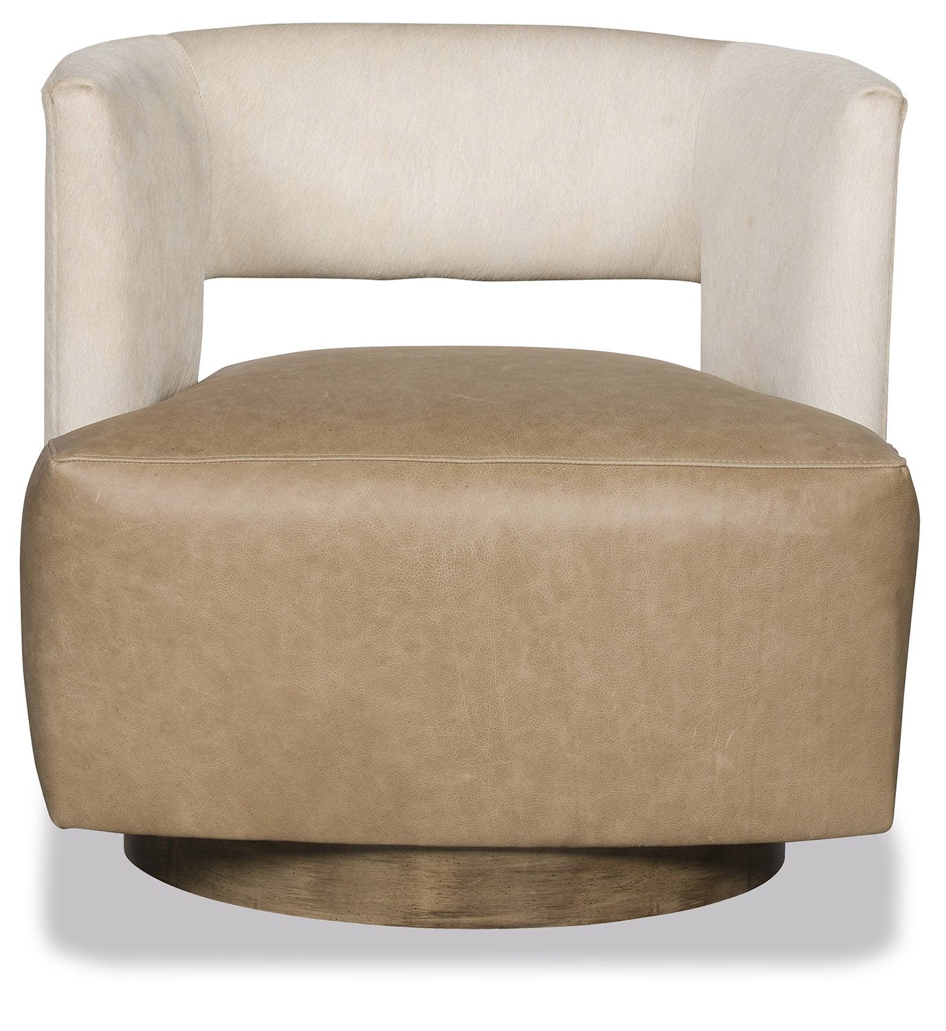 tan leather and ivory cowhide swivel chair front view