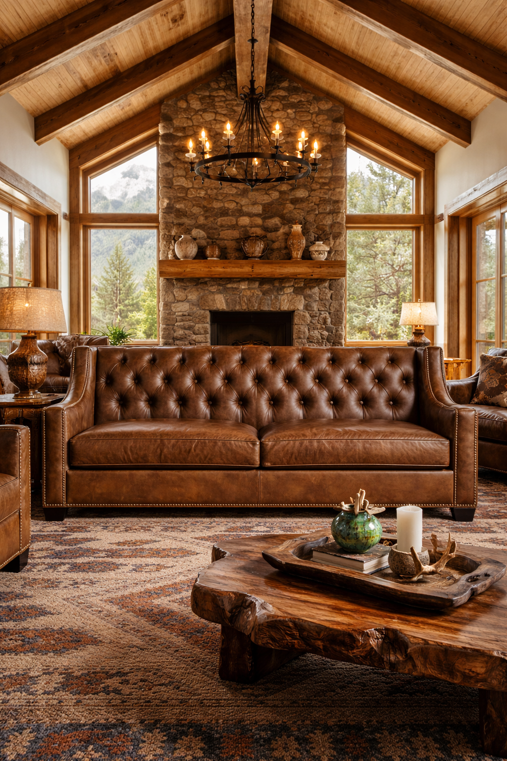 Cozy living room with Kingston tufted brown leather sofa, stone fireplace, and wooden coffee table.