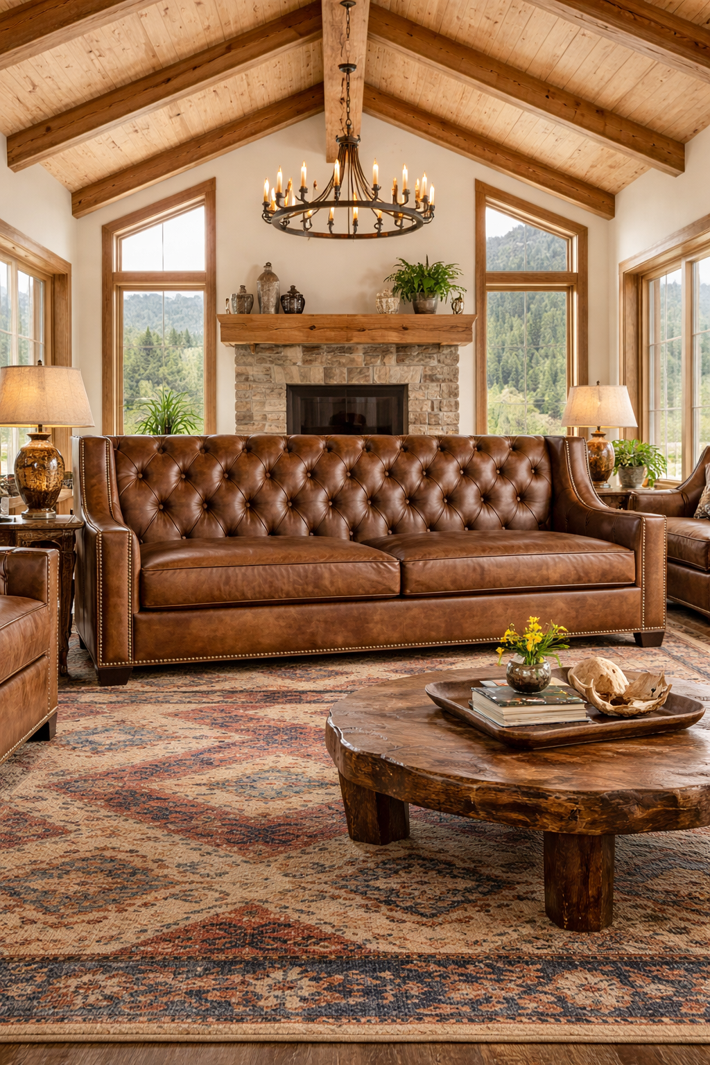 Cozy living room with a brown tufted leather sofa, wooden coffee table, and fireplace.