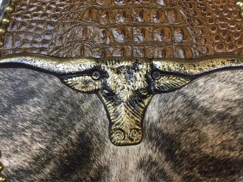 Western toilet seat croc leather, longhorn cow and cowhide detail - Your Western Decor