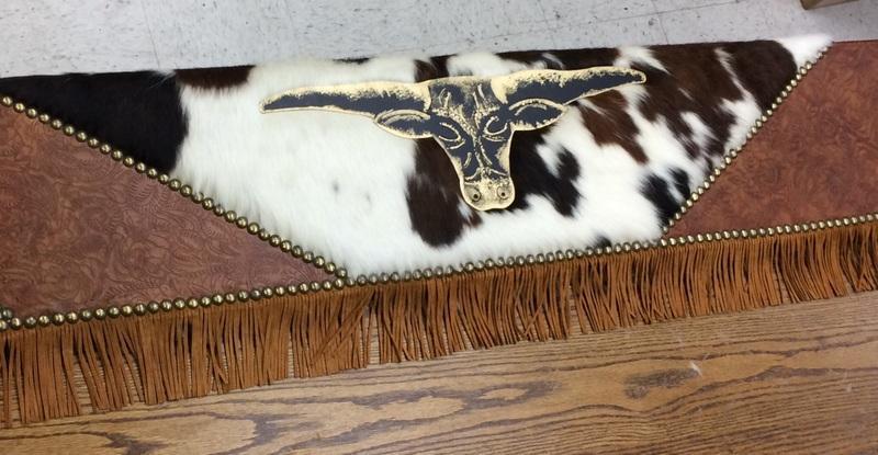 American made Custom Western Window Cornice in tri color cowhide and embossed leather with die-cut longhorn and leather fringe - Blue Mountain Brands USA