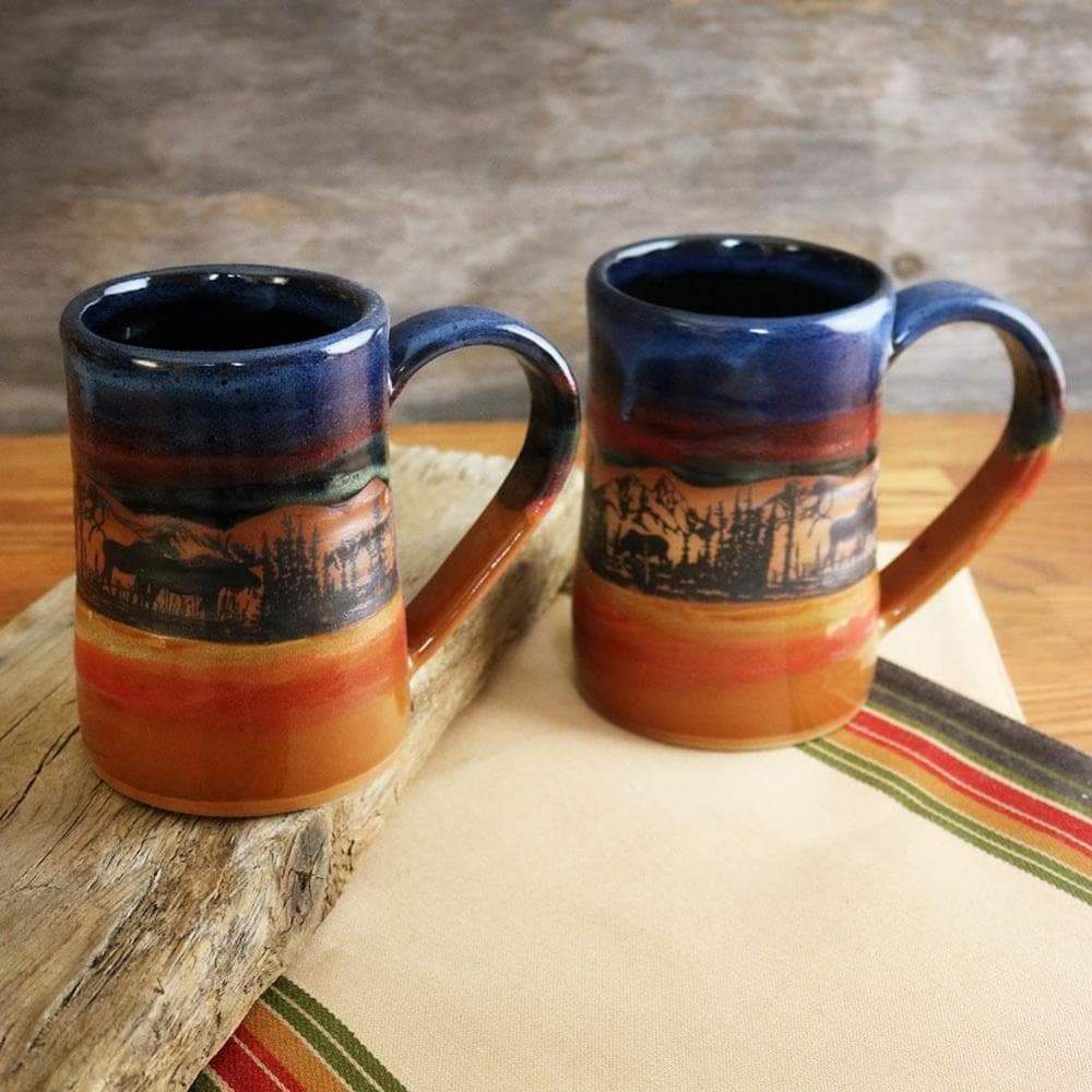 Handmade pottery beer tankards with moose. Made in the USA - Blue Mountain Brands USA