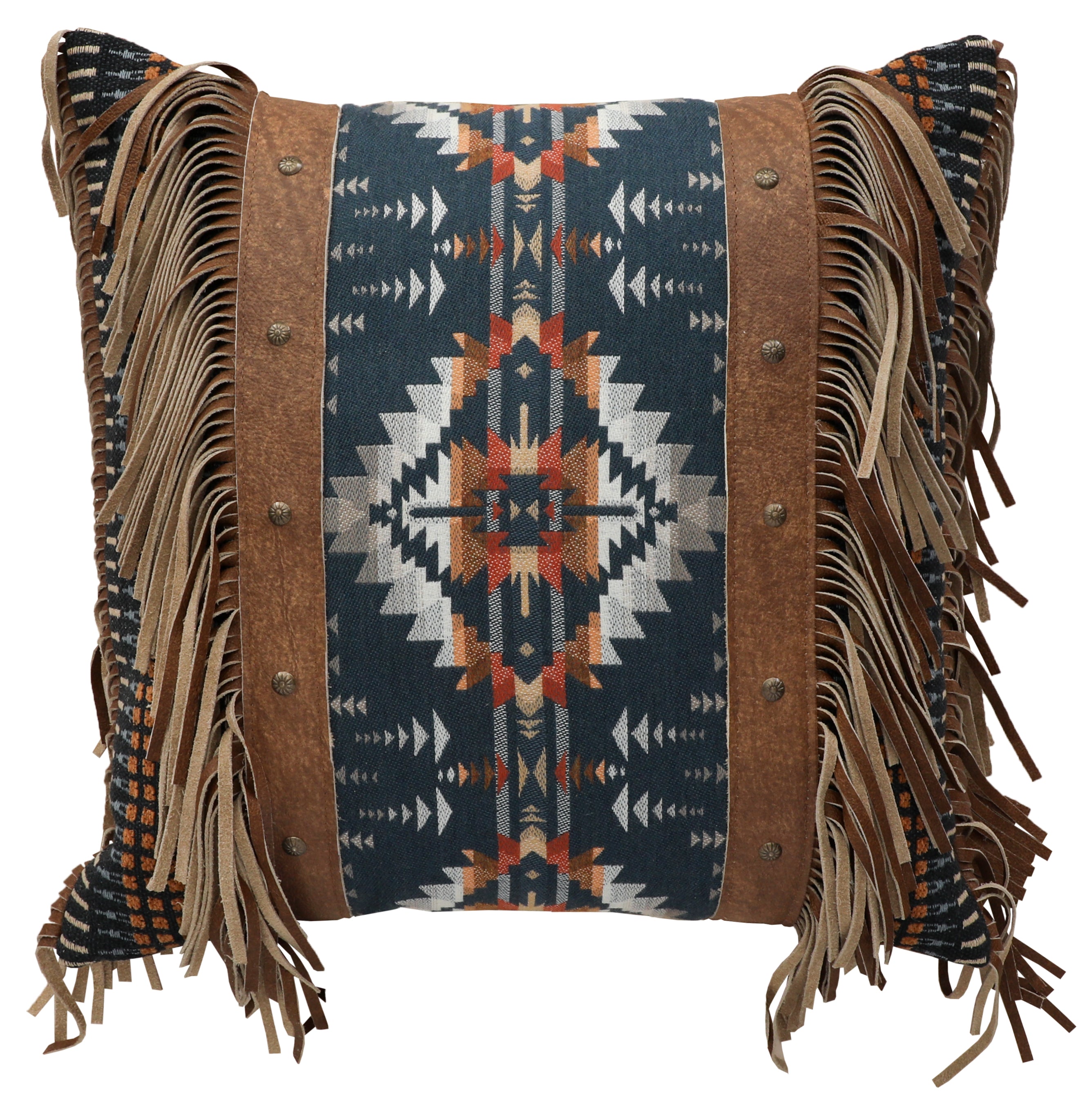 Moreno Midnight Pillow - 18x18 with genuine leather accents and leather fringe made in the USA - Your Western Decor
