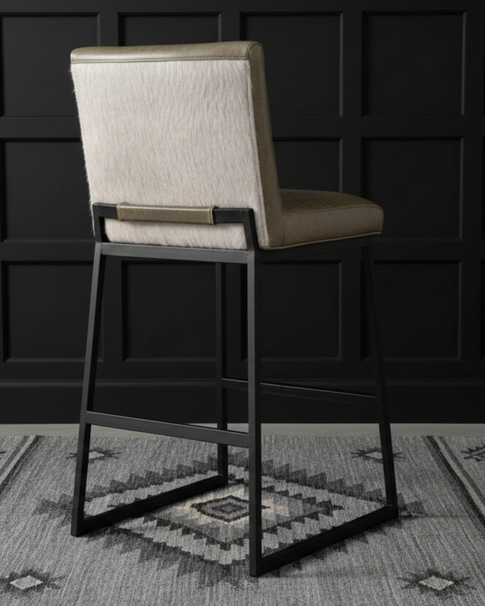 Moss leather bar stool back showcasing off-white hair-on cowhide - Blue Mountain Brands USA