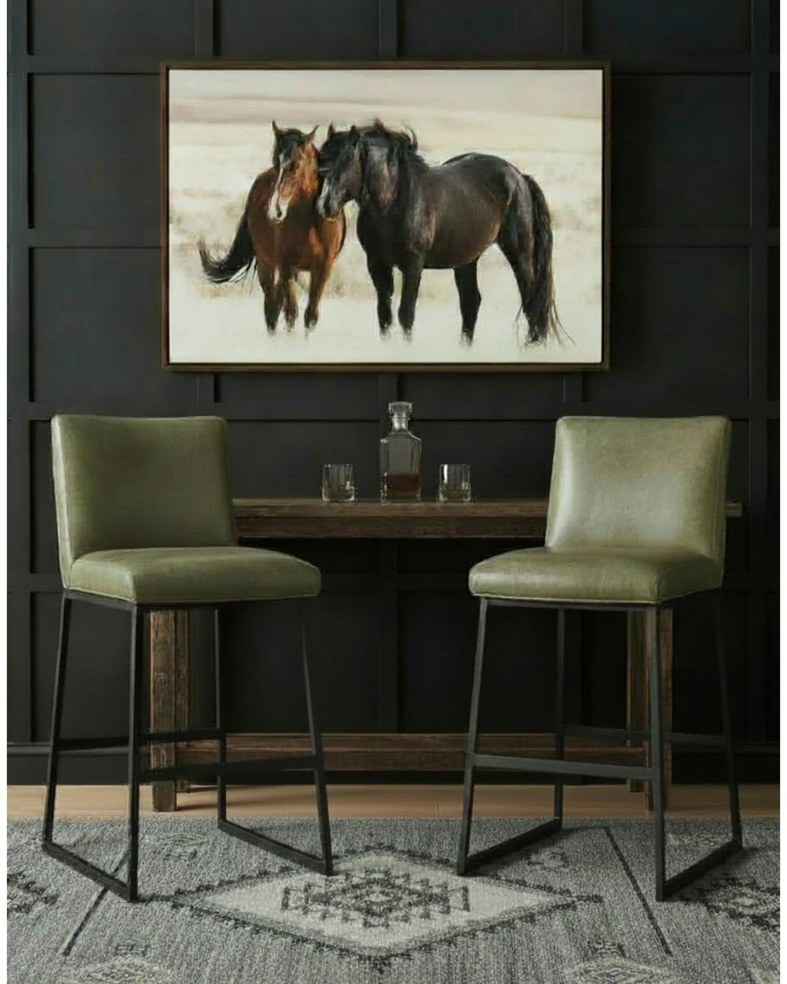 Moss leather bar chairs with iron frame and horse art on textured wall - Blue Mountain Brands USA
