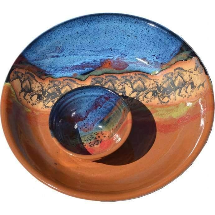 Open Range Horses Glazed Handmade Pottery Chip and Dip Party Plate - Made in the USA - Blue Mountain Brands USA
