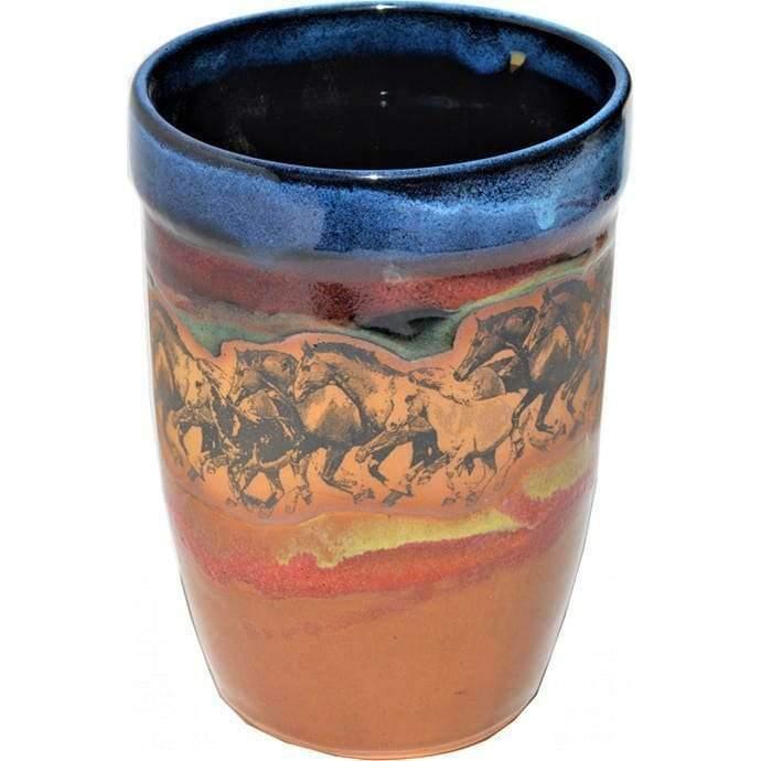 Open range horses utensil canister - handmade pottery made in the USA - Blue Mountain Brands USA
