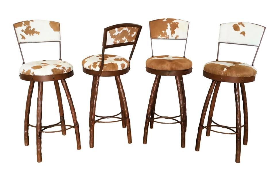 Peak 9 Cowhide upholstered iron forged bar and counter stools with backs and swivel - Made in the USA - Blue Mountain Brands USA Luxury Home Furnishings & Decor